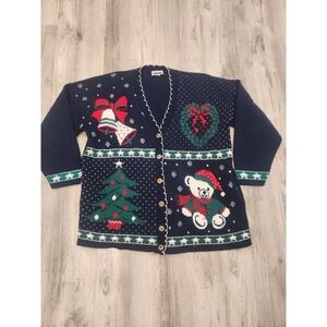 Vtg. Adele Knitwear Christmas Sweater‎ Cardigan Grannycore Bear Tree Bell Sz 20W
